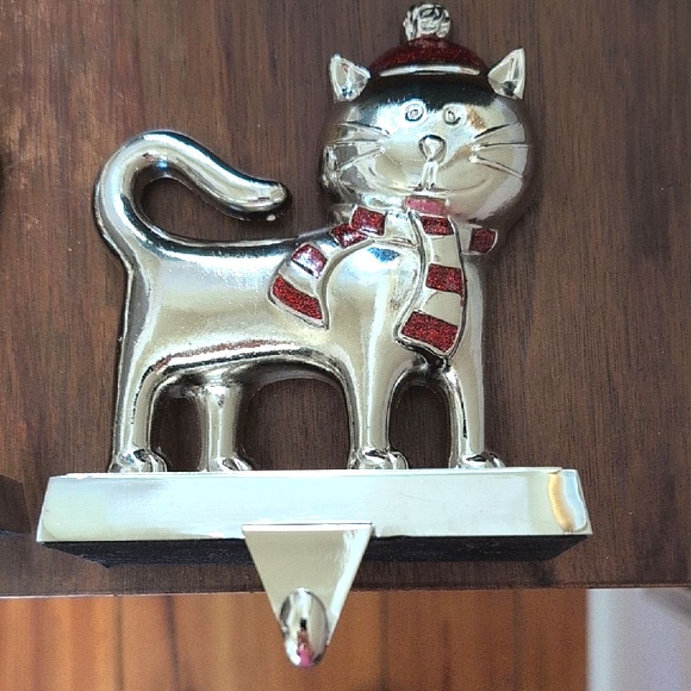 Silver Cat Stocking Holders with Red Glitter Accents Set of 2